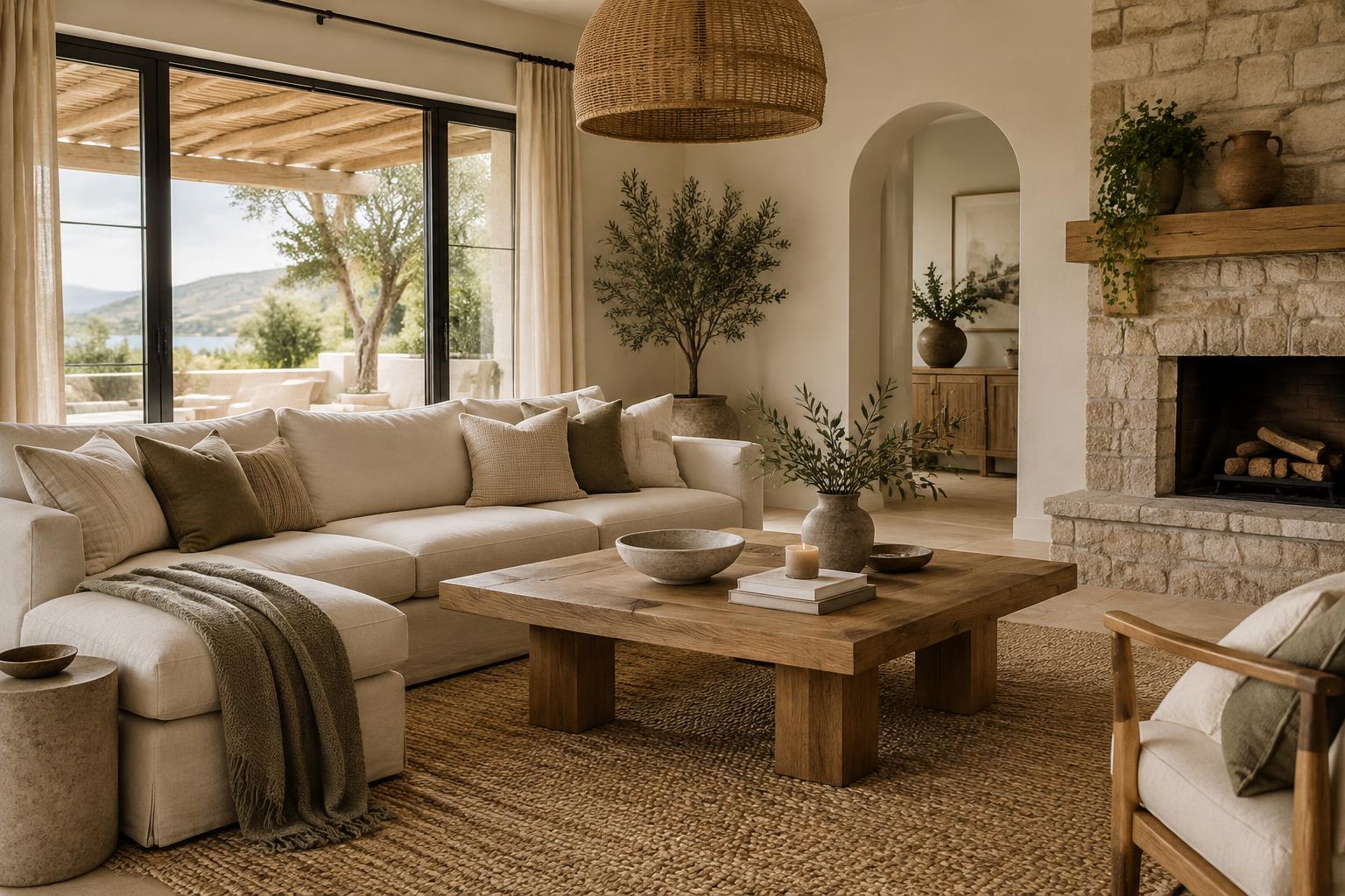 Boutique-style vacation rental living room with linen sofa, oak table and woven pendant